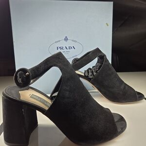 Prada Black Suede Sling Back Sandals